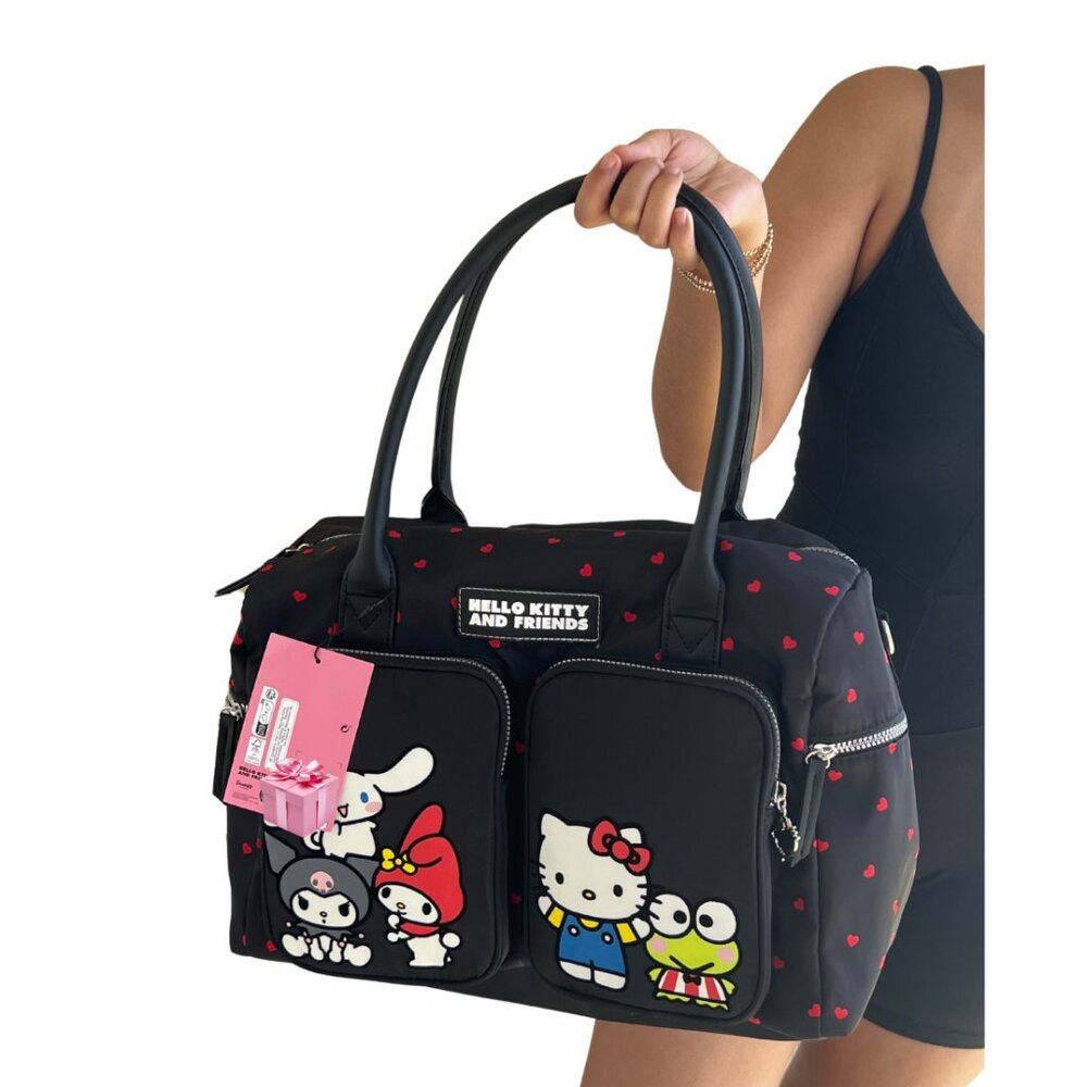 Hello Kitty & Friends Black Red-Hearts Weekender Duffel  NWT Travel Bag
